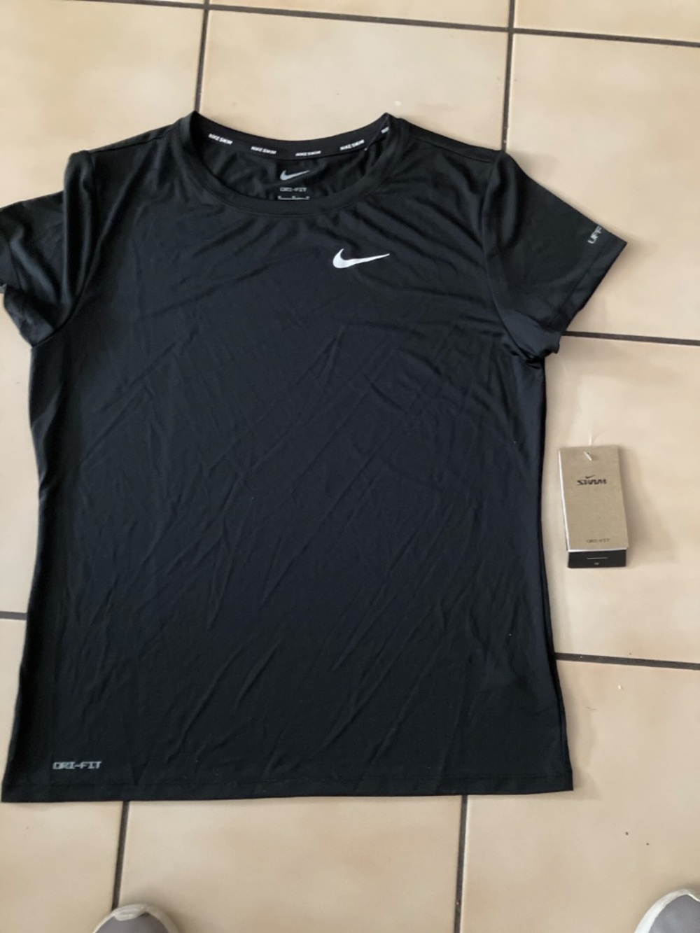 New Nike Black SSleeve Dri-FIT Swim Tee White Swoosh Lightweight Moist Wick - Picture 2 of 3